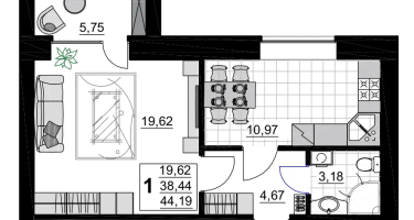1-к. квартира, 44&nbsp;м²