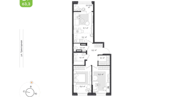 2-к. квартира, 63&nbsp;м²