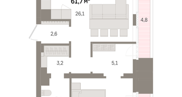 1-к. квартира, 61 м²