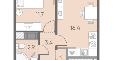 1-к. квартира, 34&nbsp;м²