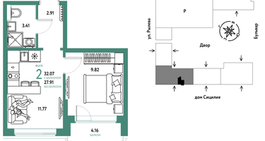 2-к. квартира, 32&nbsp;м²