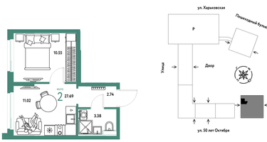 2-к. квартира, 27&nbsp;м²