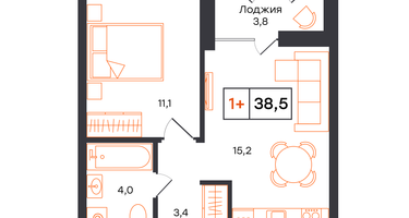1-к. квартира, 38&nbsp;м²