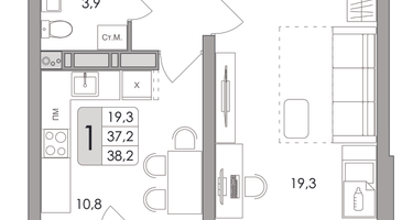 1-к. квартира, 38 м²
