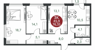 3-к. квартира, 76 м²