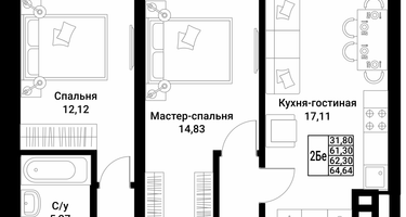 2-к. квартира, 62 м²