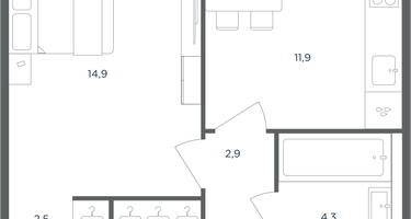 1-к. квартира, 38&nbsp;м²
