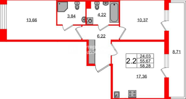 2-к. квартира, 55&nbsp;м²