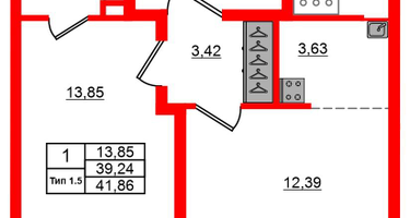 1-к. квартира, 39&nbsp;м²