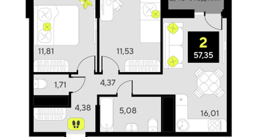 2-к. квартира, 57&nbsp;м²
