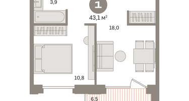 1-к. квартира, 43 м²