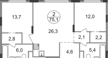 2-к. квартира, 75&nbsp;м²