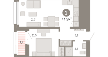 1-к. квартира, 44 м²