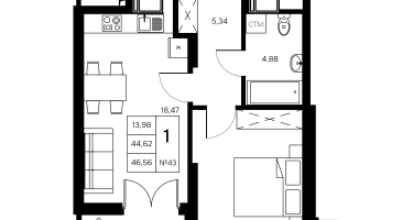 1-к. квартира, 46&nbsp;м²