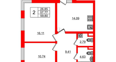 2-к. квартира, 57&nbsp;м²
