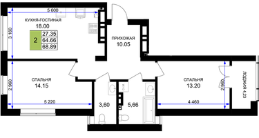 2-к. квартира, 68&nbsp;м²