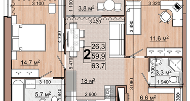 2-к. квартира, 63&nbsp;м²