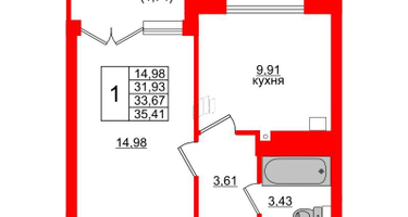 1-к. квартира, 33&nbsp;м²