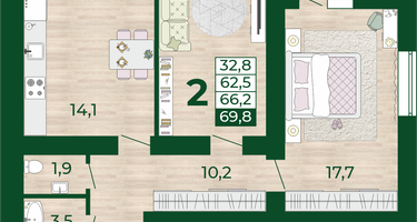 2-к. квартира, 62&nbsp;м²