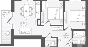 3-к. квартира, 58 м²