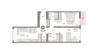 2-к. квартира, 73 м²