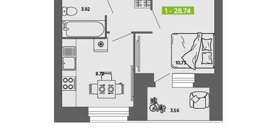1-к. квартира, 28&nbsp;м²