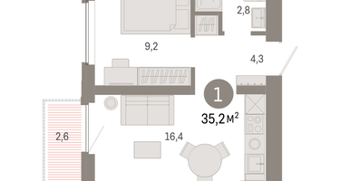 1-к. квартира, 35 м²