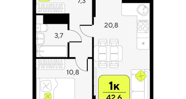1-к. квартира, 42 м²