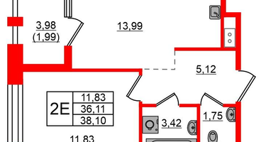 1-к. квартира, 38&nbsp;м²