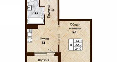 1-к. квартира, 34&nbsp;м²