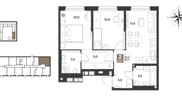 2-к. квартира, 50&nbsp;м²