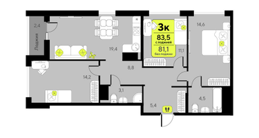 3-к. квартира, 81&nbsp;м²