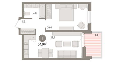 1-к. квартира, 54&nbsp;м²