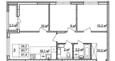 3-к. квартира, 61&nbsp;м²