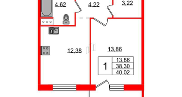 1-к. квартира, 39&nbsp;м²