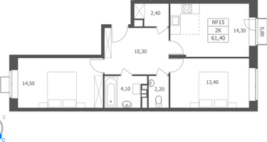 2-к. квартира, 61 м²