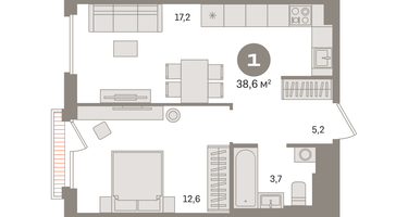 1-к. квартира, 38 м²