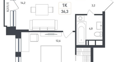 1-к. квартира, 36&nbsp;м²