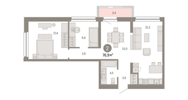 2-к. квартира, 76&nbsp;м²