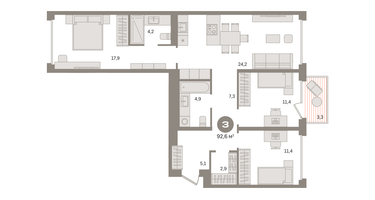 3-к. квартира, 92&nbsp;м²