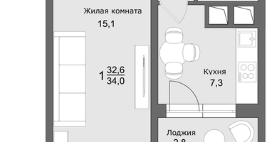 1-к. квартира, 34&nbsp;м²