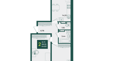 2-к. квартира, 64&nbsp;м²