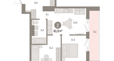 2-к. квартира, 61&nbsp;м²