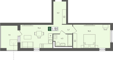 1-к. квартира, 61 м²