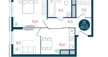 2-к. квартира, 42&nbsp;м²