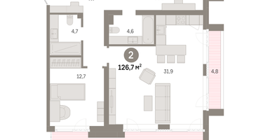 2-к. квартира, 126 м²