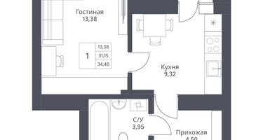 1-к. квартира, 34&nbsp;м²