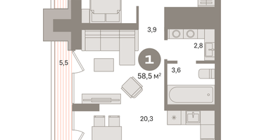 1-к. квартира, 58&nbsp;м²