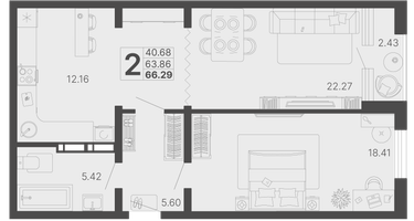 2-к. квартира, 66&nbsp;м²