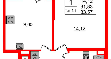1-к. квартира, 31&nbsp;м²